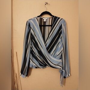 Barbara III Striped Blue, White & Black Long Sleeve Side Tie Faux Wrap Top Med.